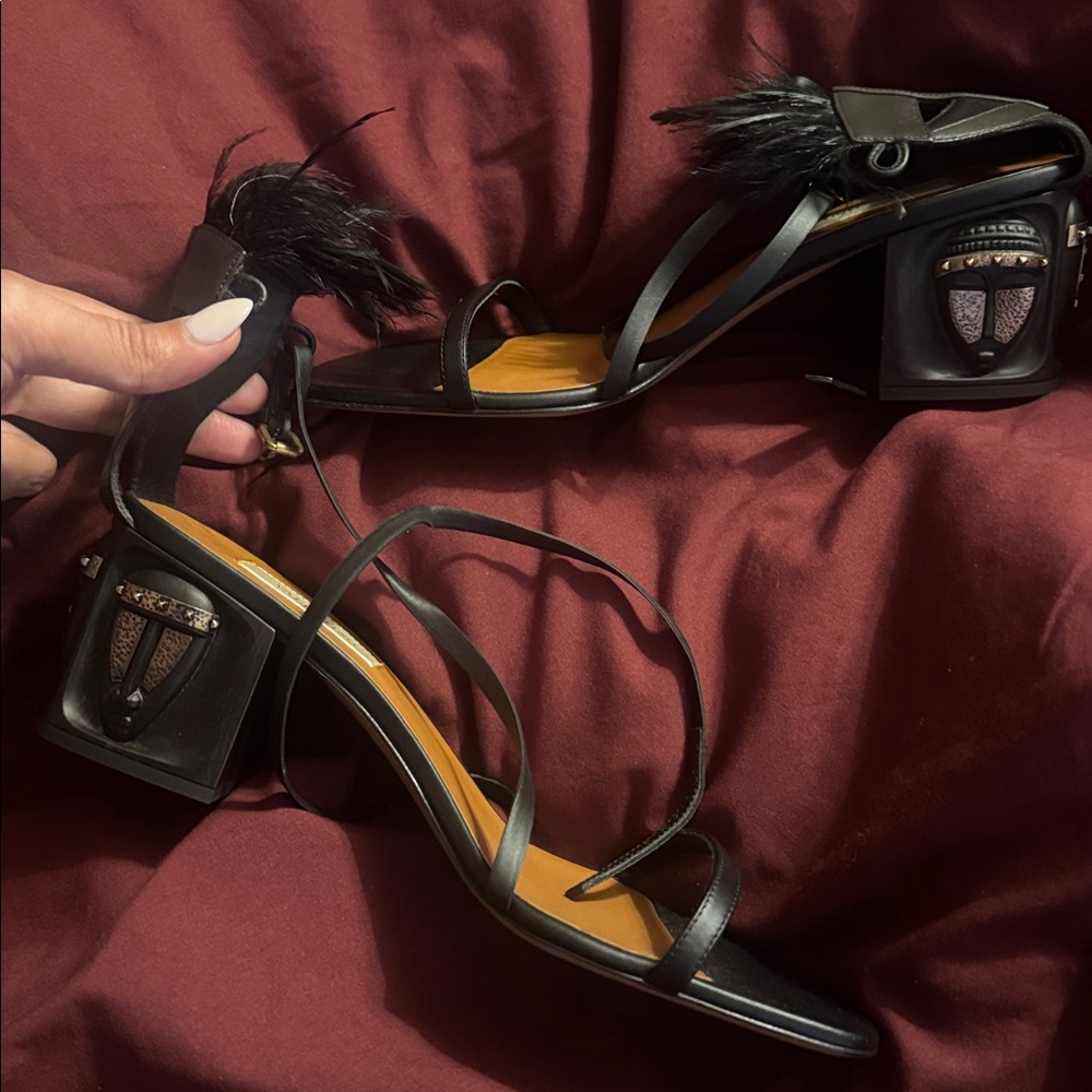 Valentino Black Strappy Heels with Feather Detail